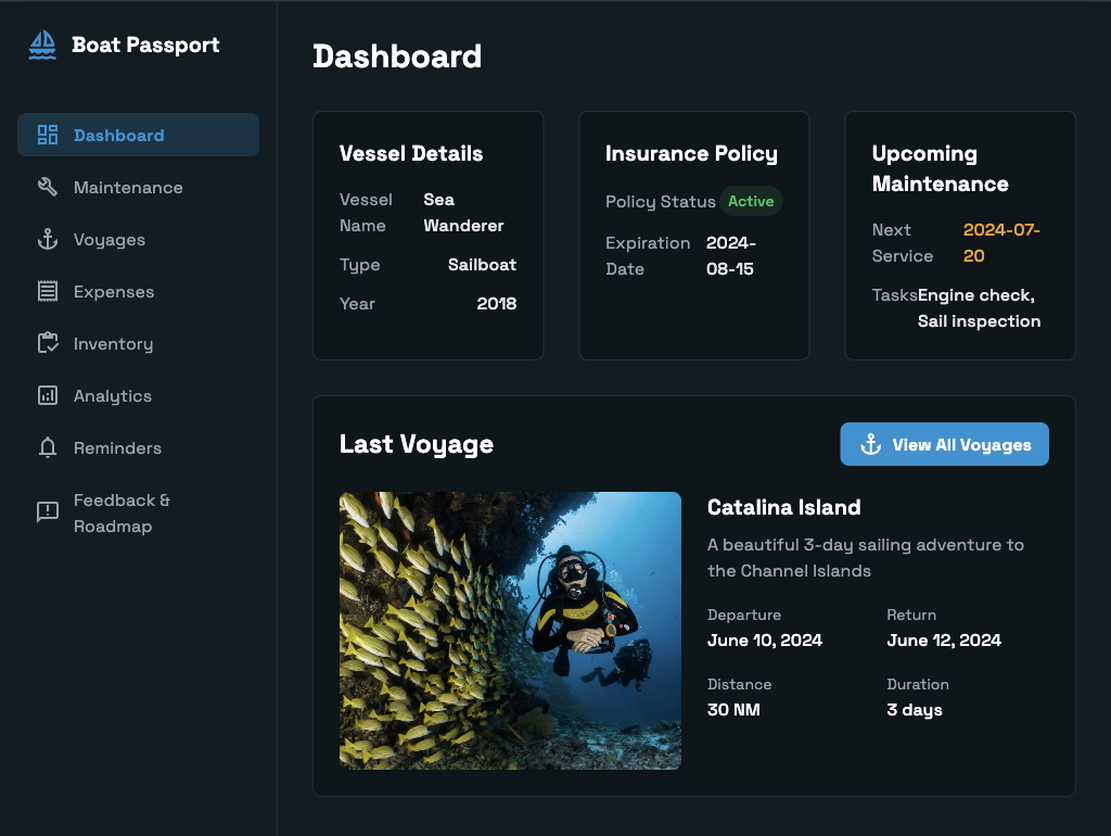 Boat Passport dashboard showing the main features and interface